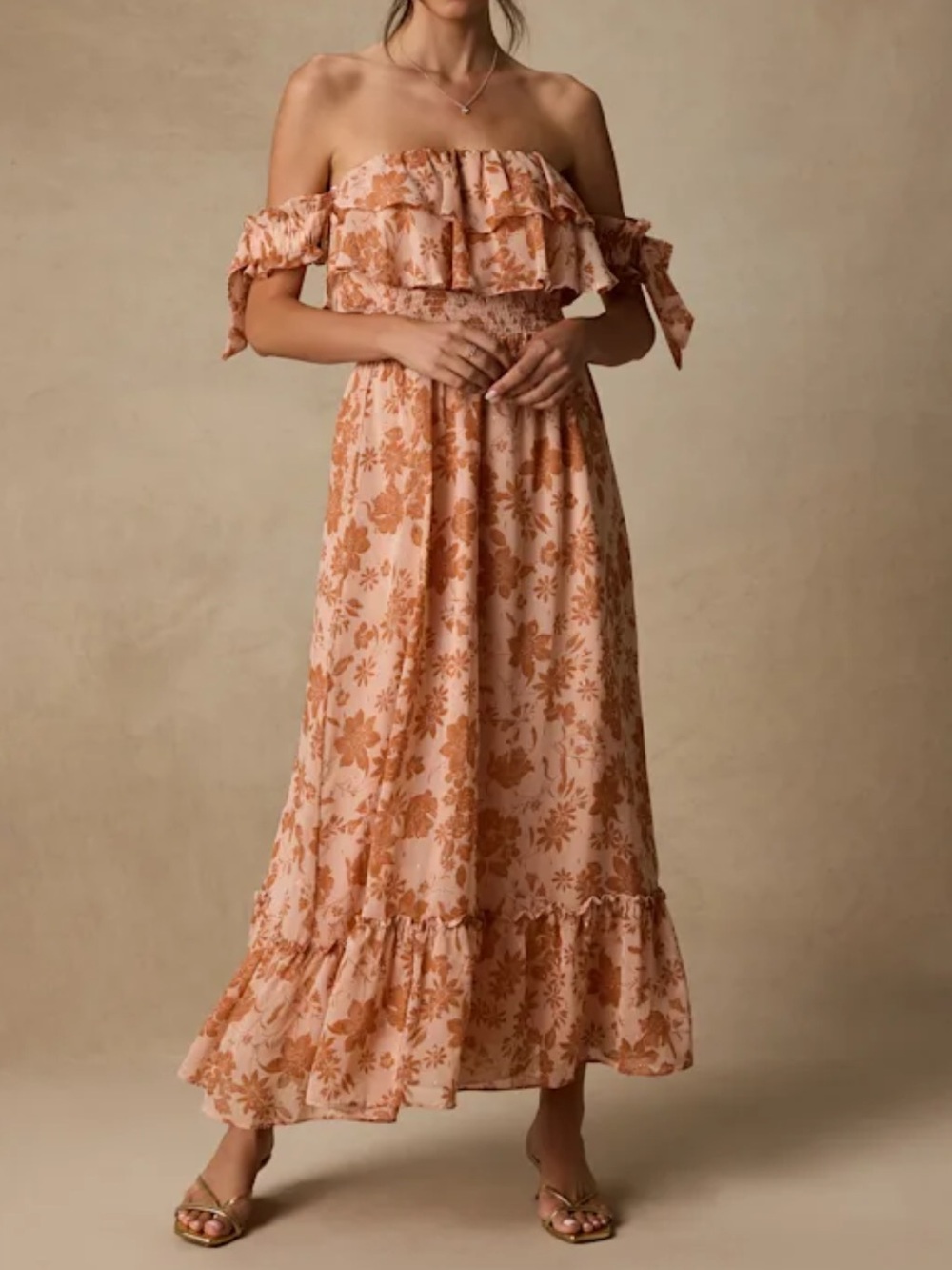 Lulu's Peach Floral Off-Shoulder Maxi Dress